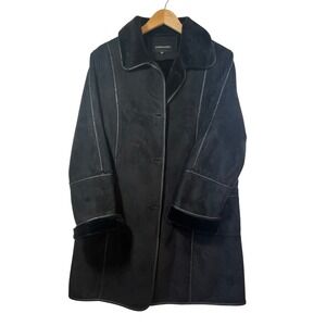 London Fog Molly Black Faux Suede Fur Lined Coat Jacket Womens‎ Large Petite L/G